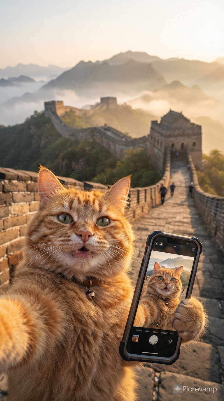 First-person POV of a fluffy ginger cat taking a selfie on the Great Wall, holding a smartphone with its paw, ancient stone bricks and watchtowers in background, morning mist over mountains, cat grinning at camera, warm sunlight, ultra-detailed fur texture, shallow depth of field, shot on Canon EOS R5a=