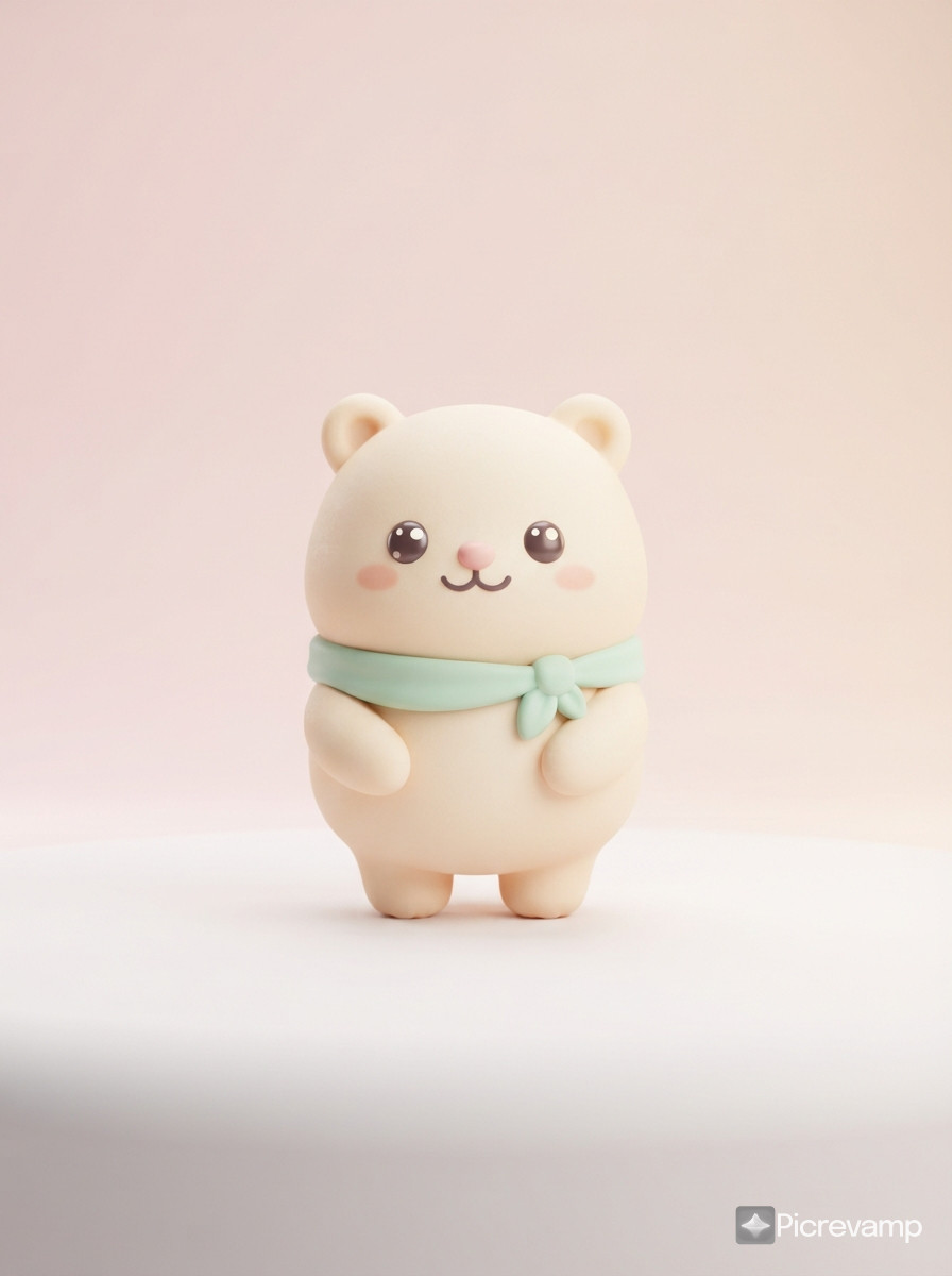 Create adorable minimalist mascot 3D character centered on a clean pastel background.
