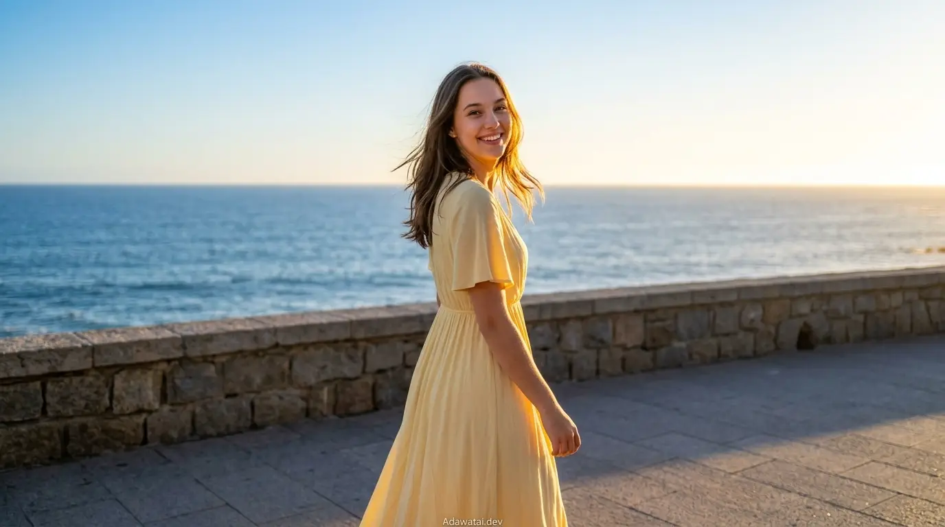 Woman Coastal Promenade Sunset