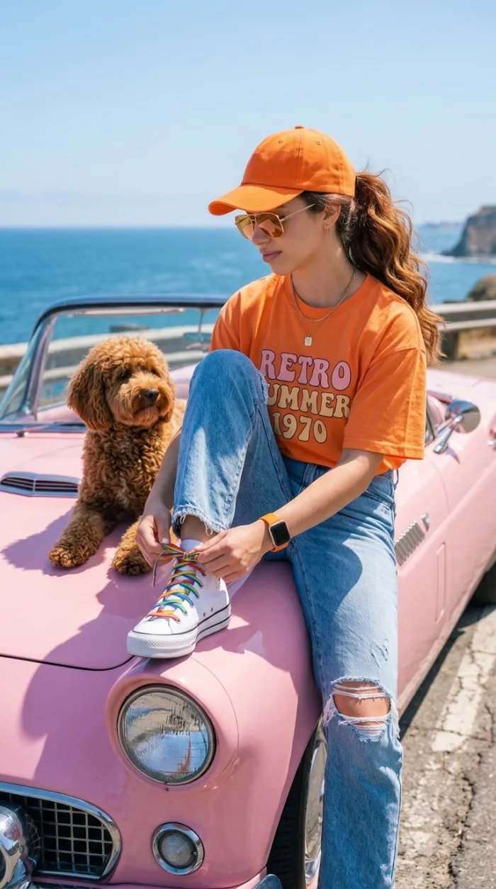 A vibrant outdoor lifestyle portrait of an individual sitting casually on the...